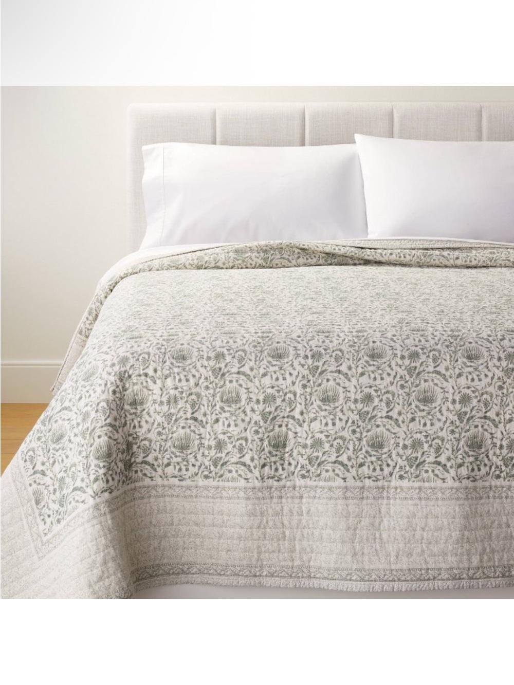 NWT King Decorative Border Cotton Slub Print Quilt Light Teal Green Studio McGee